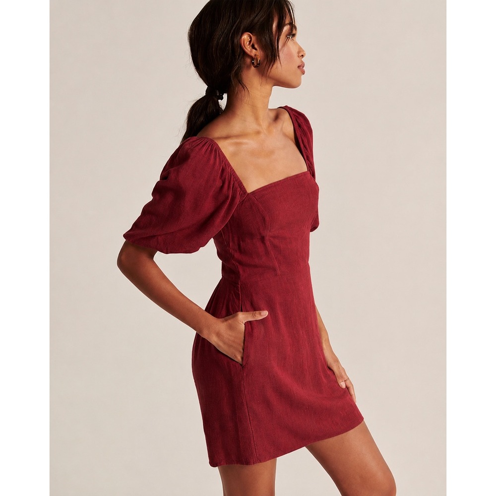 Abercrombie & Fitch Burgundy Puff Sleeve Square Neck Linen Blend Mini Dress XL
